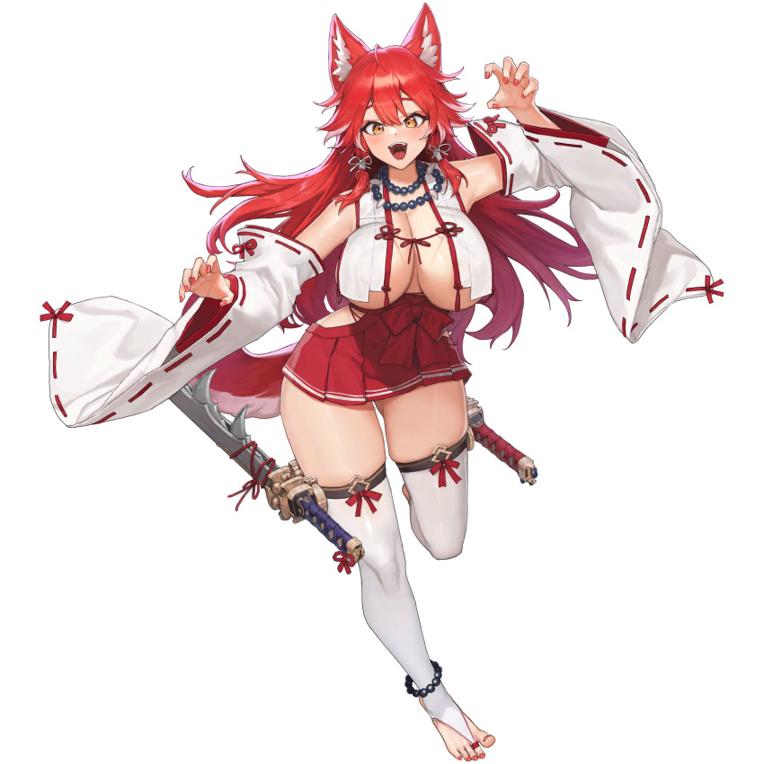 1girl ahoge animal_ear_fluff animal_ears anklet armpit_peek bare_shoulders bead_necklace beads breasts claw_pose cleavage detached_sleeves eyeliner fangs fenrir_(last_origin) highres hip_vent huge_breasts jewelry large_breasts last_origin long_hair long_sleeves looking_at_viewer multiple_weapons nail_polish necklace no_bra nontraditional_miko official_alternate_costume official_art open_mouth over-kneehighs pleated_skirt red_eyeliner red_hair red_nails red_ribbon red_skirt ribbon simple_background skindentation skirt standing sword tachi-e tail thick_thighs thighhighs thighs tooth_necklace transparent_background tunamayo_(dsasd751) weapon wolf_ears wolf_girl wolf_tail yellow_eyes