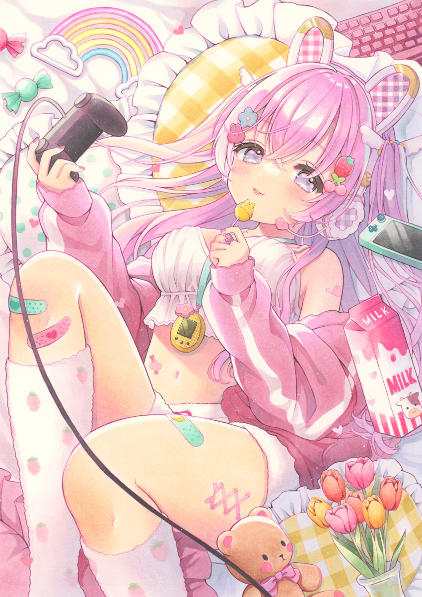1girl animal_ear_headphones animal_ears bandaid bandaid_on_leg bare_shoulders breasts candy commission controller crop_top fake_animal_ears flower food food-themed_hair_ornament game_controller hair_between_eyes hair_ornament headphones highres holding holding_food jacket kneehighs lollipop long_hair long_sleeves looking_at_viewer lying maripori medium_breasts midriff navel off_shoulder on_back open_clothes open_jacket original phone pillow pink_hair pink_jacket purple_eyes sensitive shirt short_shorts shorts sleeveless sleeveless_shirt socks solo stuffed_animal stuffed_toy teddy_bear tongue tongue_out white_shirt white_socks