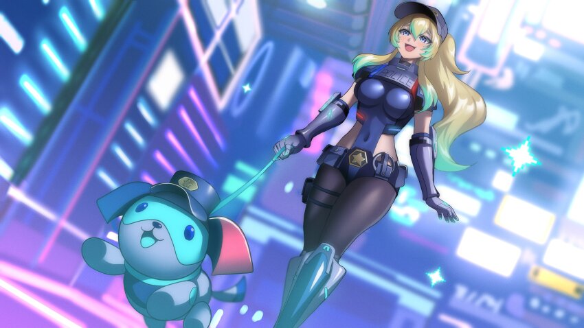 1girl 364ing absurdres black_hat blonde_hair blue_eyes blurry blurry_background breasts ceru_foxhound covered_navel cyborg dog green_hair hat highres hip_vent holding holding_leash leash long_hair multicolored_hair open_mouth pantyhose police police_uniform policewoman pouch second-party_source smile star_(symbol) star_in_eye streaked_hair symbol_in_eye thigh_pouch thigh_strap vallure