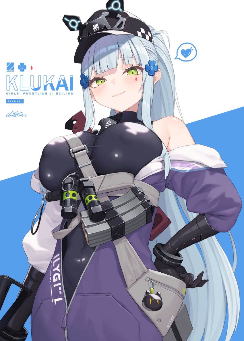 1girl assault_rifle bare_shoulders black_gloves blue_hair blush breasts cloba clothes_pull commentary_request covered_navel cross facepaint girls&#039;_frontline gloves green_eyes gun hair_ornament hairclip half-closed_eyes hand_on_own_hip hat heart highres hk416_(girls&#039;_frontline) holding holding_gun holding_weapon iron_cross jacket jacket_pull klukai_(girls&#039;_frontline_2) large_breasts long_hair off_shoulder open_clothes open_jacket partially_unzipped ponytail purple_jacket rifle skin_tight smile solo spoken_heart standing teardrop very_long_hair weapon white_hair