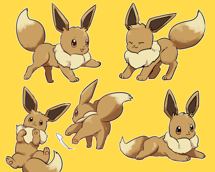 :3 :d ^_^ all_fours brown_eyes closed_eyes creature eevee full_body gen_1_pokemon happy highres lying mizuto_(o96ap) nintendo no_humans on_back on_stomach open_mouth pokemon pokemon_(creature) simple_background smile too_many yellow_background
