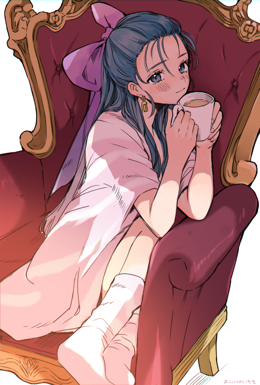 1girl alternate_costume blanket blue_eyes blue_hair bow chair coffee_mug commentary_request covering_with_blanket cup dragon_quest dragon_quest_v earrings flora_(dq5) hair_bow hair_pulled_back highres holding holding_cup jewelry light_blush long_hair looking_at_viewer looking_to_the_side momoiito mug on_chair purple_bow sitting smile socks solo white_background white_socks