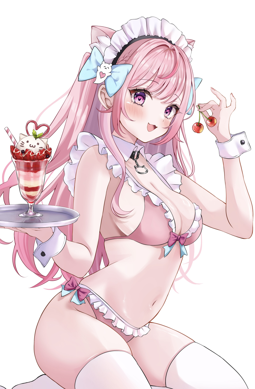 1girl :3 absurdres animal_ears aqua_bow bare_shoulders bikini black_choker blush bow braid breasts cat_choker cat_ears cat_girl cherry choker cleavage collar cup detached_collar extra_ears fingernails food frilled_bikini frills fruit ghost_hair_ornament hair_bow highres holding holding_cherry holding_tray ice_cream indie_virtual_youtuber large_breasts looking_at_viewer maid_headdress nail_polish navel o-ring o-ring_choker open_mouth oyuharu pink_bikini pink_bow pink_eyes pink_hair pink_nails seiza simple_background sitting smile solo stomach sundae swimsuit thighhighs thighs tray virtual_youtuber white_background white_collar white_thighhighs white_wrist_cuffs wrist_cuffs yuuki_sakuna