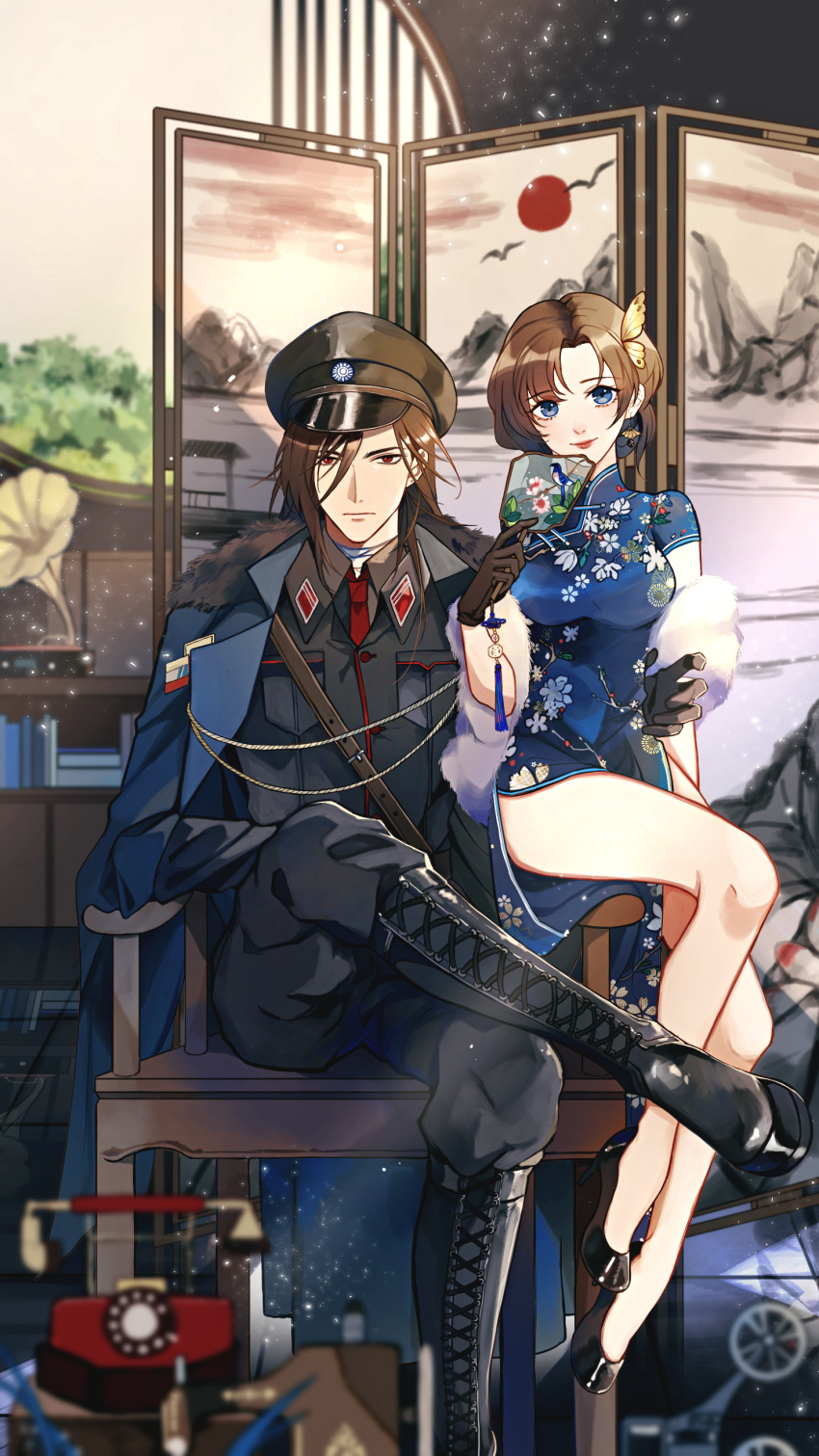 1boy 1girl absurdres alternate_costume antique_phone armchair bandaged_neck bandages belt black_footwear black_gloves black_headwear black_jacket black_pants black_shirt blue_coat blue_dress blue_eyes blurry bookshelf boots brown_hair butterfly_hair_ornament chair china_dress chinese_clothes closed_mouth coat coat_on_shoulders collared_jacket collared_shirt curtained_hair depth_of_field dress earrings female_master_(the_tale_of_food) figure_four_sitting flats floral_print folding_screen full_body fur-trimmed_coat fur_trim gloves hair_between_eyes hair_bun hair_ornament hand_fan hand_on_another&#039;s_hip hand_up hat highres holding holding_fan indoors jacket jewelry kocona lace-up_boots lianhua_blood_duck_(the_tale_of_food) light_particles lipstick long_hair long_sleeves looking_at_viewer makeup military_uniform necktie on_chair pants parted_bangs peaked_cap pelvic_curtain phone phonograph red_eyes red_lips red_necktie rotary_phone round_window sam_browne_belt shelf shirt short_sleeves single_hair_bun sitting smile swept_bangs tassel the_tale_of_food tuanshan window