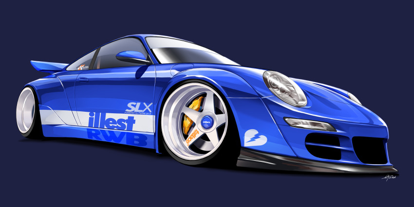 absurdres blue_background car commentary highres illest_(brand) motor_vehicle no_humans original porsche porsche_911 porsche_997 signature silenxe solo spoiler_(automobile) sports_car vehicle_focus wheel