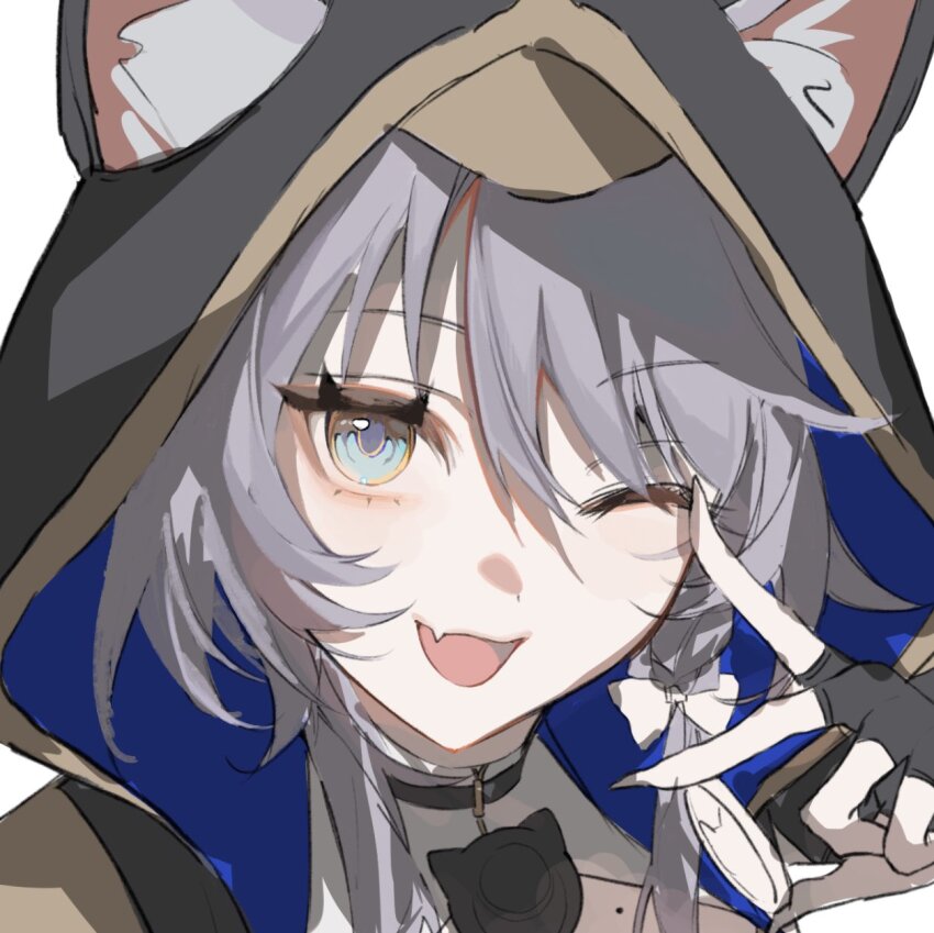 1girl ;) animal_ear_fluff animal_ears animal_hood black_gloves blue_eyes cat_ears cat_hood cipher_(honkai:_star_rail) fang fingerless_gloves gloves grey_hair highres honkai:_star_rail honkai_(series) hood hyakutennniki one_eye_closed short_hair_with_long_locks skin_fang smile solo v v_over_eye white_background