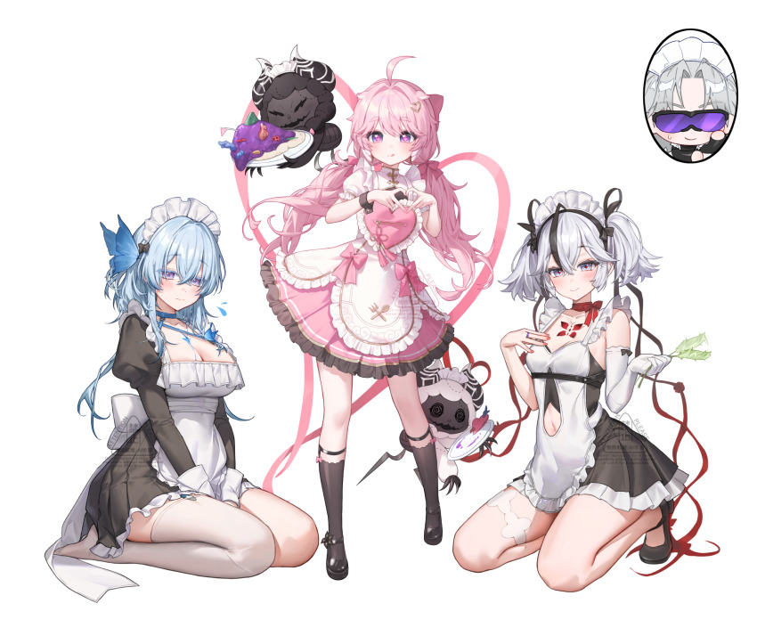 1boy 3girls :q aalto_(wuthering_waves) ahoge alternate_costume apron bare_shoulders black_dress black_flower black_shoes black_socks blake_bloom_(wuthering_waves) blush breasts butterfly_hair_ornament camellya_(wuthering_waves) cleavage closed_mouth clothing_cutout cloudy_(wuthering_waves) collarbone colored_eyelashes commentary_request cosmos_(wuthering_waves) crossed_bangs dress elbow_gloves encore_(wuthering_waves) enmaided flower flying_sweatdrops four-finger_heart_hands full_body gloves hair_between_eyes hair_flower hair_ornament hair_vines hand_on_own_chest headdress heart heart_hair_ornament heart_hands highres juliet_sleeves kneehighs kneeling korean_commentary large_breasts light_blush long_hair long_sleeves looking_at_viewer low_twintails maid maid_headdress multiple_girls navel navel_cutout no_shoes pink_dress pink_hair puffy_sleeves purple-tinted_eyewear purple_eyes purple_pupils red_pupils seiza shoes shorekeeper_(wuthering_waves) short_hair short_twintails simple_background single_elbow_glove single_thighhigh sitting small_breasts smile socks sunglasses tacet_mark_(wuthering_waves) thighhighs tinted_eyewear tongue tongue_out twintails white_apron white_background white_gloves white_hair white_thighhighs wuthering_waves zua_(2vziu)