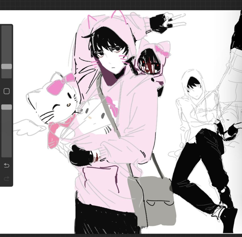 animal_hood arm_over_head art_program_in_frame bag bags_under_eyes black_hair black_sclera black_shoes blood blood_on_face bow c1grhin cat_hood colored_sclera cry_of_fear drawn_ears drawn_whiskers drawn_wings dual_persona grin hand_on_own_hip hello_kitty hello_kitty_print hood hoodie lying multiple_views on_back on_floor one_eye_closed pink_bow pink_hoodie pink_shirt red_eyes red_pupils sanrio shirt shoes shoulder_bag simon_henriksson simon_henriksson_(book) sitting sketch smile standing v