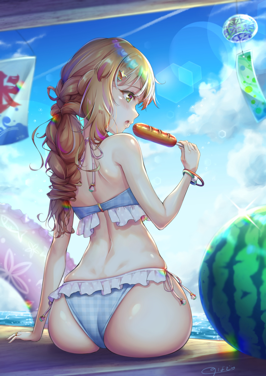 1boy ass bare_shoulders bikini blonde_hair blush food frankfurter from_behind fruit hair_ornament hairclip highres huge_ass long_hair low_tied_hair natsusora_wakana novady open_mouth original shiny_skin sitting solo swimsuit trap watermelon