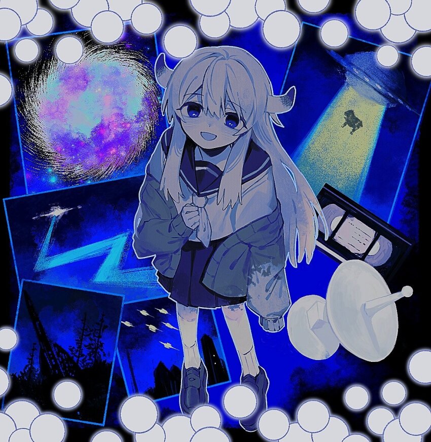 1girl :d abduction blue_eyes blue_sailor_collar blue_shoes blue_skirt blue_theme cardigan cardigan_partially_removed cassette_tape cow horns isei_(iyowa) isei_ni_ikou_ne_(cevio) iyowa_girls loafers long_hair long_sleeves looking_at_viewer neckerchief open_cardigan open_clothes open_mouth ribbed_socks rocket sailor_collar satellite_dish school_uniform serafuku shirt shoes single_horn skirt smile socks solo tractor_beam u_u5385 ufo white_hair white_neckerchief white_shirt white_socks
