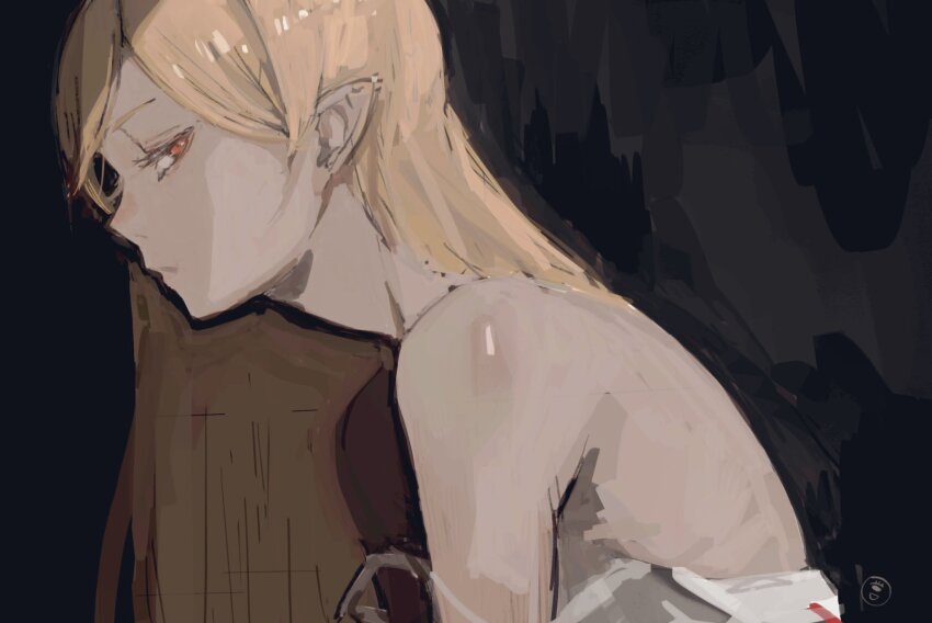 1girl artist_logo bare_shoulders blonde_hair dress from_side highres kizumonogatari logo long_hair looking_at_viewer monogatari_(series) orange_eyes oshino_shinobu pointy_ears profile shadow solo strap_slip taki_(a313131333) vampire very_long_hair