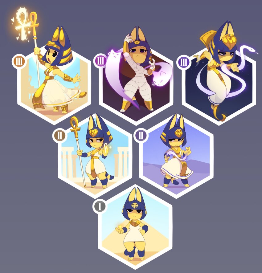 1girl absurdres alternate_costume animal_crossing animal_ears ankha_(animal_crossing) blue_hair cat_ears cat_girl commentary dress english_commentary frown furry furry_female harem_pants highres huffslove mage_staff magic mummy_costume nintendo pants pear-shaped_figure staff white_dress wide_hips yellow_fur