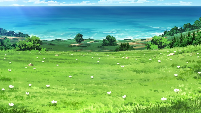 beach blue_sky bush cloud cloudy_sky day dirt_road flower forest grass highres hill horizon large_variant_set nature no_humans non-web_source our_life:_beginnings_and_always outdoors poppy_(flower) road scenery sky too_many_flowers variant_set