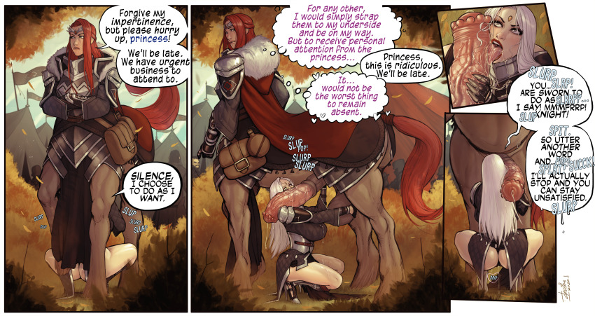 1futa 1girl absurdres angelise_reiter animal_penis breasts centaur cleavage devilhs erection futa_with_female futanari highres horse_penis huge_breasts huge_penis imminent_fellatio interspecies large_breasts penis speech_bubble taur testicle_grab testicles veins veiny_penis