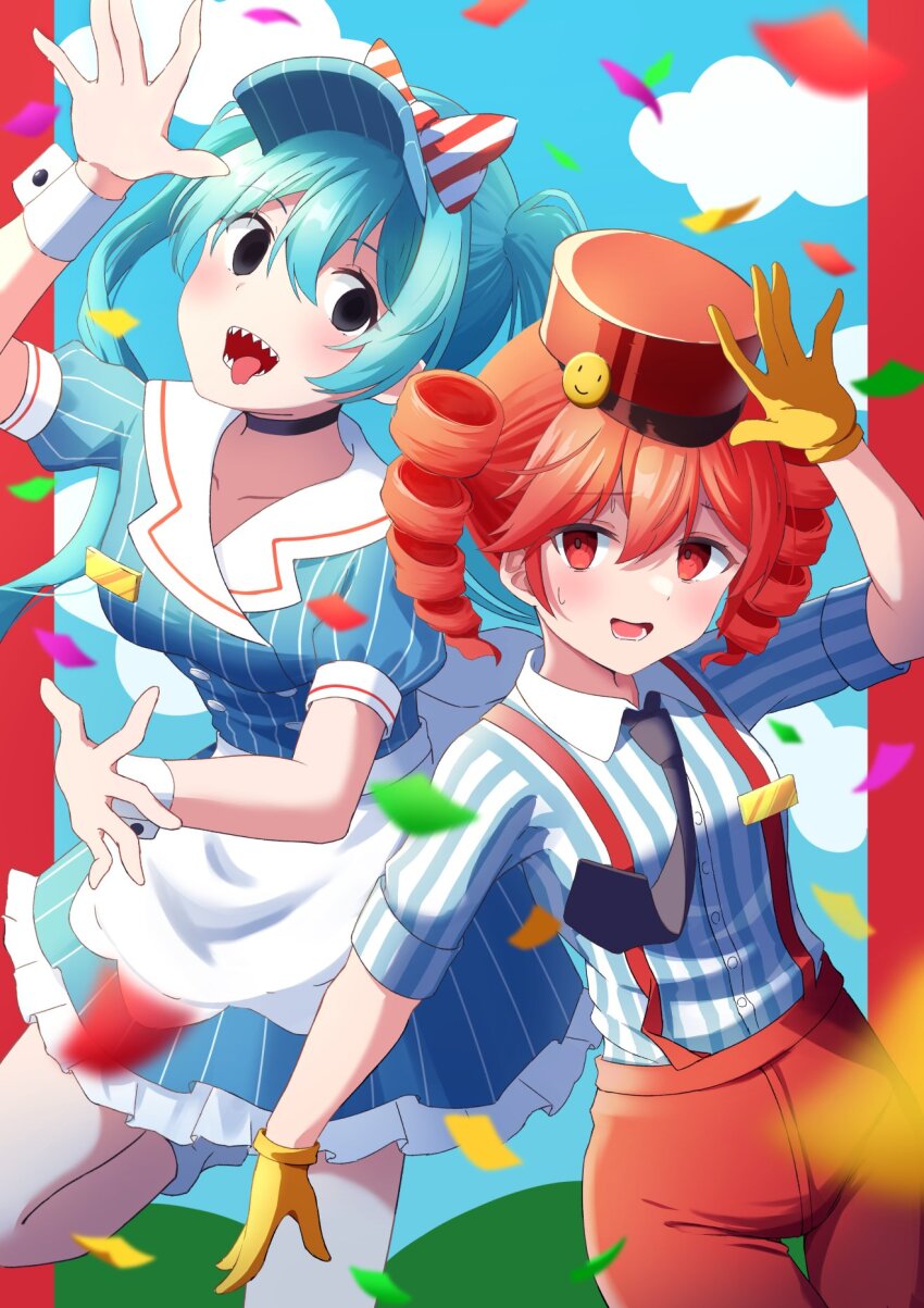 2girls alternate_costume apron aqua_hair arm_at_side arm_up black_choker black_necktie blue_dress blue_hat blue_sky blush bow breasts buttons choker cloud collarbone collared_dress collared_shirt confetti cowboy_shot diagonal-striped_bow dress dress_shoes drill_hair floating_clothes gloves hair_between_eyes hand_up hashtag-only_commentary hat hat_bow hatsune_miku highres jumping kasane_teto kepi letterboxed looking_at_another looking_at_viewer mesmerizer_(vocaloid) military_hat mizuno_illust multiple_girls necktie open_mouth pants pinstripe_dress pinstripe_hat pinstripe_pattern red_bow red_eyes red_hat red_pants sailor_collar sharp_teeth shirt short_sleeves sky sleeves_rolled_up small_breasts smiley_hat_ornament socks solid_circle_eyes striped_bow suspenders sweatdrop teeth tongue tongue_out twin_drills twintails utau vocaloid waist_apron white_apron white_bow white_sailor_collar white_socks white_wrist_cuffs wing_collar wrist_cuffs yellow_gloves