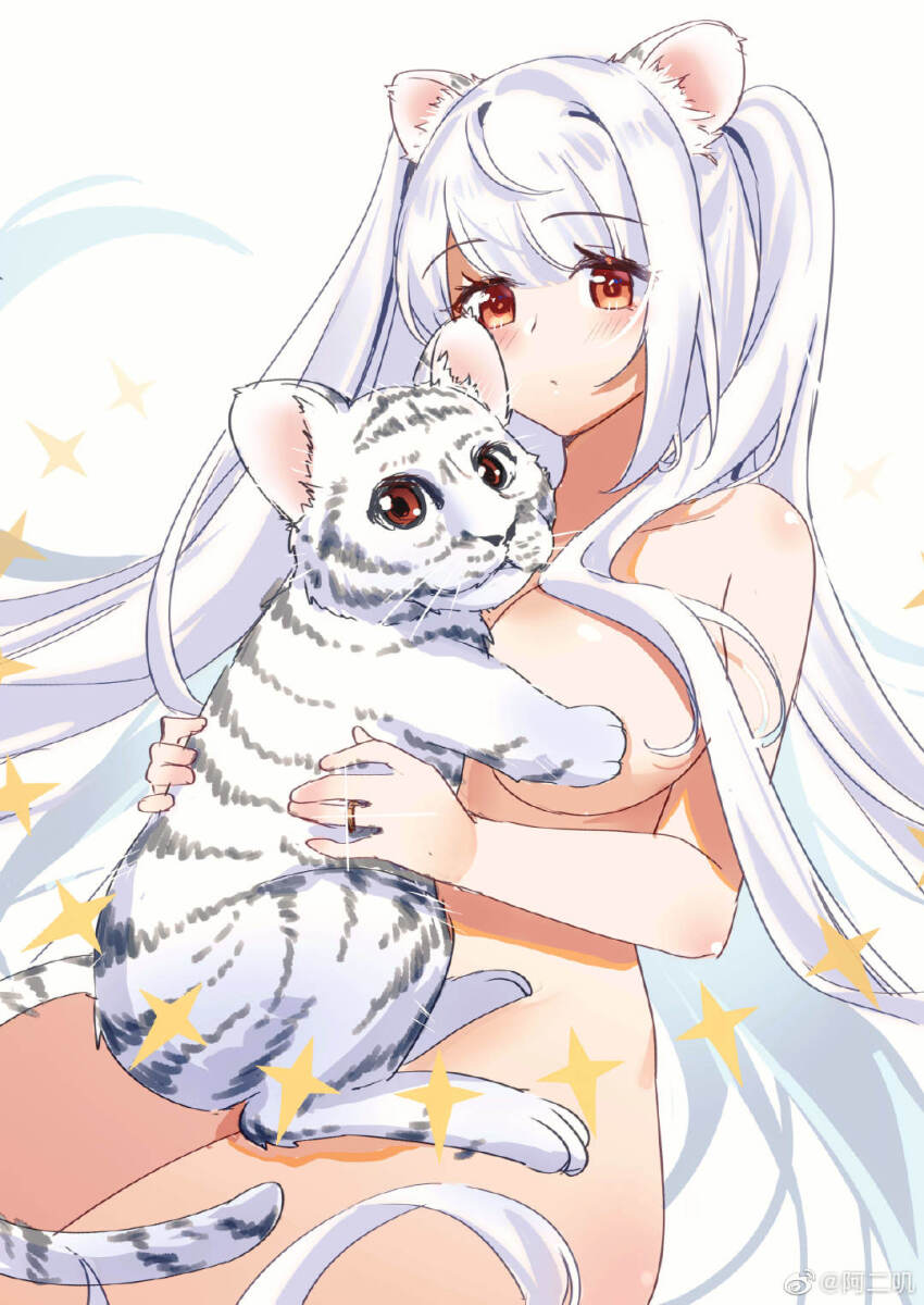 1girl aer_(tengqiu) animal animal_ears animal_hug blush breasts calico cat cat_ears convenient_censoring essex_(warship_girls_r) hair_ornament highres holding holding_animal holding_cat long_hair nude sparkle star_(symbol) tail tiger tiger_ears tiger_girl tiger_tail two_side_up very_long_hair warship_girls_r whiskers white_cat white_hair