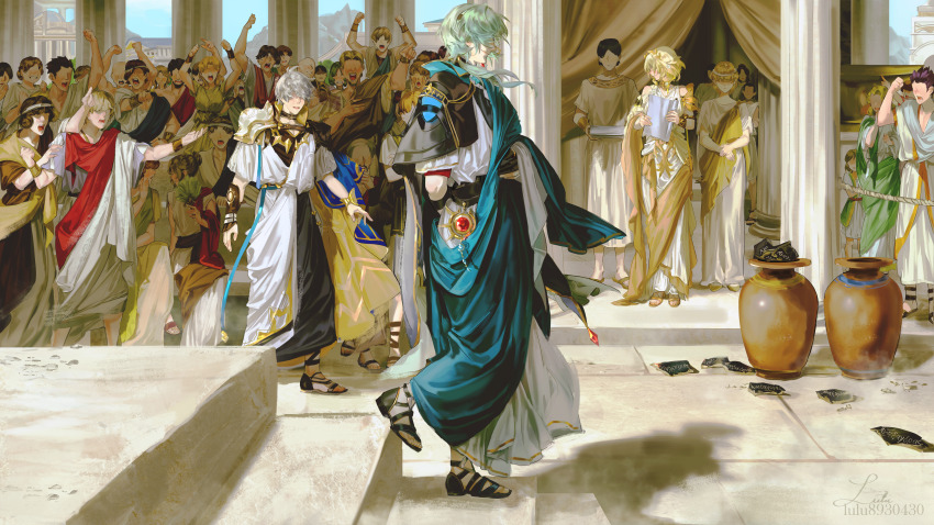 6+boys 6+girls absurdres aglaea_(honkai:_star_rail) alternate_costume anaxa_(honkai:_star_rail) ancient_greek_clothes architecture armor arms_up black_capelet blonde_hair capelet clenched_teeth column commentary_request crowd day full_body gem gloves greco-roman_architecture greco-roman_clothes green_hair grey_hair highres holding holding_scroll honkai:_star_rail honkai_(series) light_smile lluluchwan multiple_boys multiple_girls no_eyes open_mouth outdoors partially_fingerless_gloves pauldrons phainon_(honkai:_star_rail) pillar red_gemstone sandals scroll shards short_hair shoulder_armor shouting signature single_pauldron stairs teeth toes tunic vase white_tunic