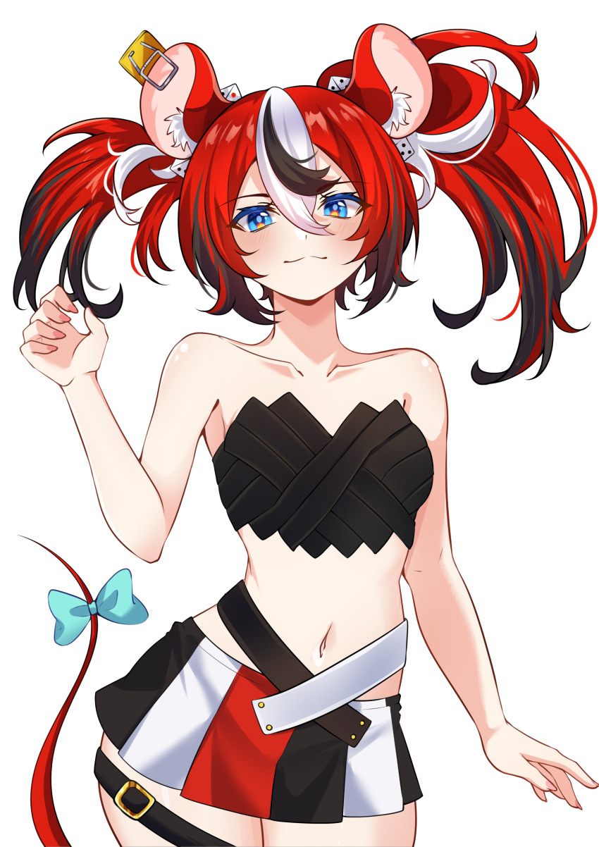 1girl :3 absurdres animal_ear_fluff animal_ears bare_arms bare_shoulders black_collar black_hair black_tube_top blue_eyes bow breasts collar colored_tips commentary_request cowboy_shot crossed_bangs cyanzan dice_hair_ornament double-parted_bangs hair_between_eyes hair_ornament hakos_baelz hakos_baelz_(1st_costume) hand_up highres hololive hololive_english looking_at_viewer midriff miniskirt mouse_ears mouse_girl mouse_tail mousetrap multicolored_hair multicolored_skirt navel pleated_skirt red_hair simple_background skirt small_breasts solo spiked_collar spikes straight-on strapless streaked_hair tail tail_bow tail_ornament tube_top twintails uneven_twintails virtual_youtuber white_background white_hair