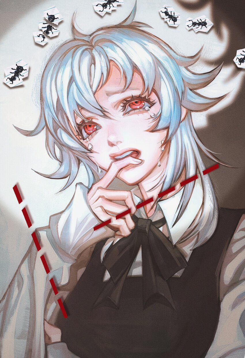 1girl ant biting_own_finger black_dress bug chainsaw_man collared_shirt commentary crying crying_with_eyes_open cut-here_line dress dromi999 english_commentary fourth_east_high_school_uniform highres insect open_mouth paper pinafore_dress red_eyes school_uniform shirt sleeveless sleeveless_dress solo tears teeth white_hair white_haired_girl_(chainsaw_man) white_shirt