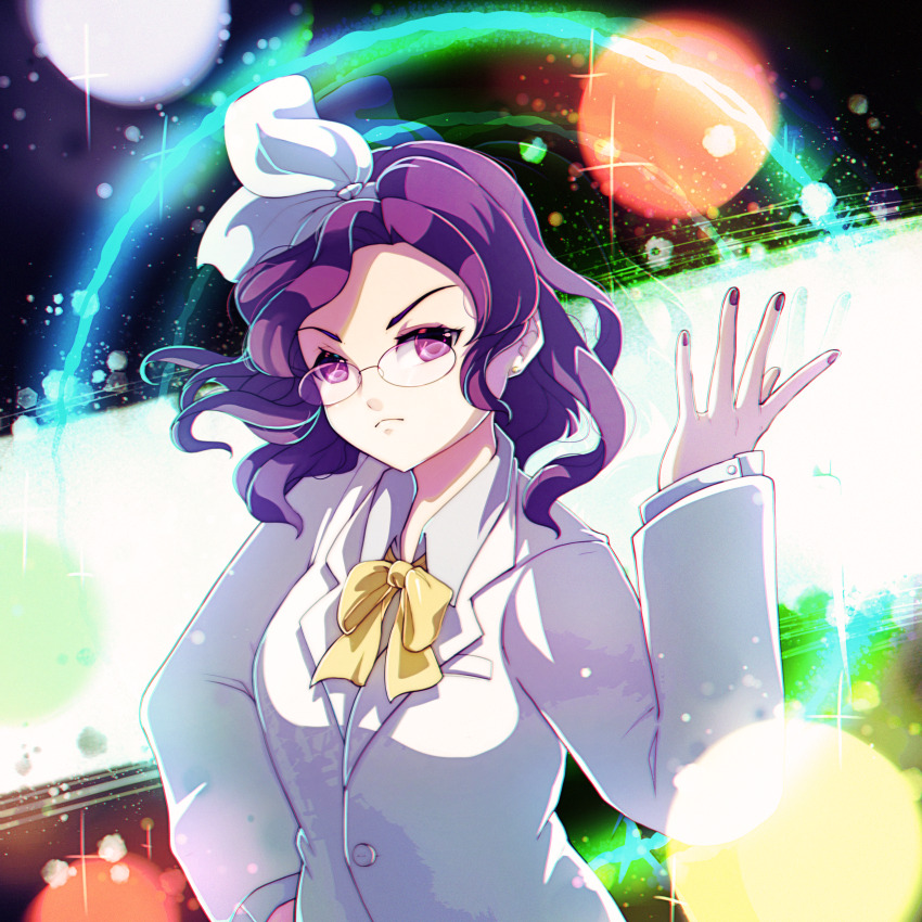1girl absurdres asakura_rikako bow closed_lab_coat dungeon_toaster glasses hair_bow hair_ribbon halo hand_on_own_hip highres lab_coat long_sleeves multicolored_halo nail_polish purple_eyes purple_hair ribbon serious short_hair sparkle touhou touhou_(pc-98) wavy_hair white_bow yellow_bow