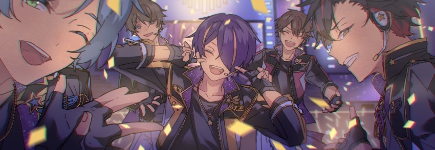 5boys asymmetrical_bangs black_gloves black_hair black_jacket black_shirt blue_hair blurry blurry_foreground brown_hair closed_eyes confetti ensemble_stars! fingerless_gloves gloves green_eyes hair_between_eyes hair_over_one_eye idol index_finger_raised jacket jewelry long_sleeves looking_at_viewer microphone morisawa_chiaki multicolored_hair multiple_boys nagumo_tetora necklace official_alternate_costume or_i pointing pointing_at_self purple_hair red_streaks sengoku_shinobu shinkai_kanata shirt short_hair smile stage stage_lights star_(symbol) star_necklace streaked_hair takamine_midori teeth upper_teeth_only yellow_eyes