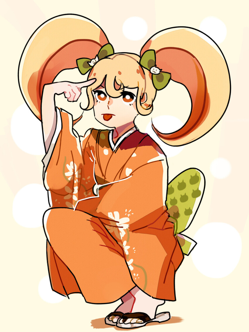 1girl :p animal_print back_bow blonde_hair bow bright_pupils cat_hair_ornament cat_print closed_mouth commentary danganronpa_(series) danganronpa_2:_goodbye_despair english_commentary eyelashes fettuchi finger_to_head floral_print frown full_body green_bow hair_bow hair_ornament highres japanese_clothes kimono long_sleeves looking_at_viewer medium_hair orange_eyes orange_kimono polka_dot polka_dot_background saionji_hiyoko sandals shadow solo squatting toes tongue tongue_out twintails v-shaped_eyebrows white_pupils white_sandals wide_sleeves yellow_background yukata zouri