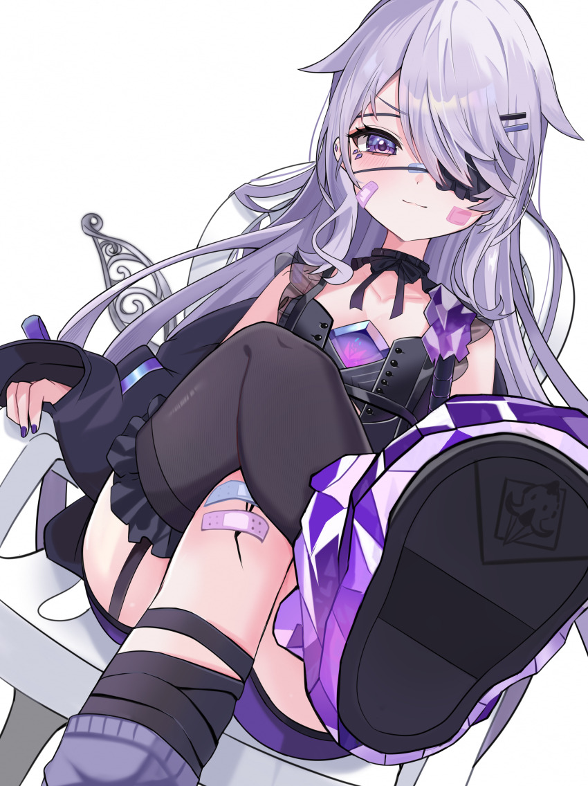 1girl absurdres bandaged_leg bandages bandaid bandaid_on_face bandaid_on_knee bandaid_on_leg bandaid_on_nose black_bandages black_jacket black_ribbon blush castellayaki chair chest_jewel closed_mouth collarbone cowboy_shot crossed_legs dutch_angle eyepatch face_jewel fingernails frilled_thighhighs frills garter_straps gem grey_wings hair_flaps hair_ornament hair_over_one_eye hairclip highres hololive hololive_english jacket koseki_bijou koseki_bijou_(casual) leg_warmers long_bangs long_hair long_sleeves looking_at_viewer material_growth mechanical_wings monobloc_(chair) nail_polish neck_ribbon off_shoulder on_chair one_eye_covered open_clothes open_jacket parallel_hairclips purple_eyes purple_gemstone purple_hair purple_leg_warmers purple_nails purple_shoes ribbon shoe_soles shoes side_part simple_background single_garter_strap single_leg_warmer single_thighhigh sitting sleeveless smile solo thighhighs v-shaped_eyebrows variant_set virtual_youtuber white_background wings