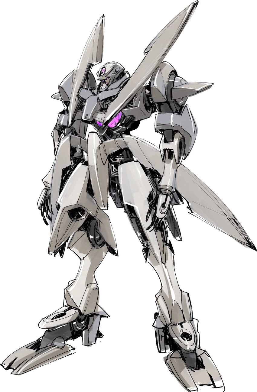 absurdres commentary full_body gn-x gundam gundam_00 highres ikuhana_niiro mecha mecha_focus mobile_suit no_humans purple_eyes robot science_fiction simple_background symbol-only_commentary