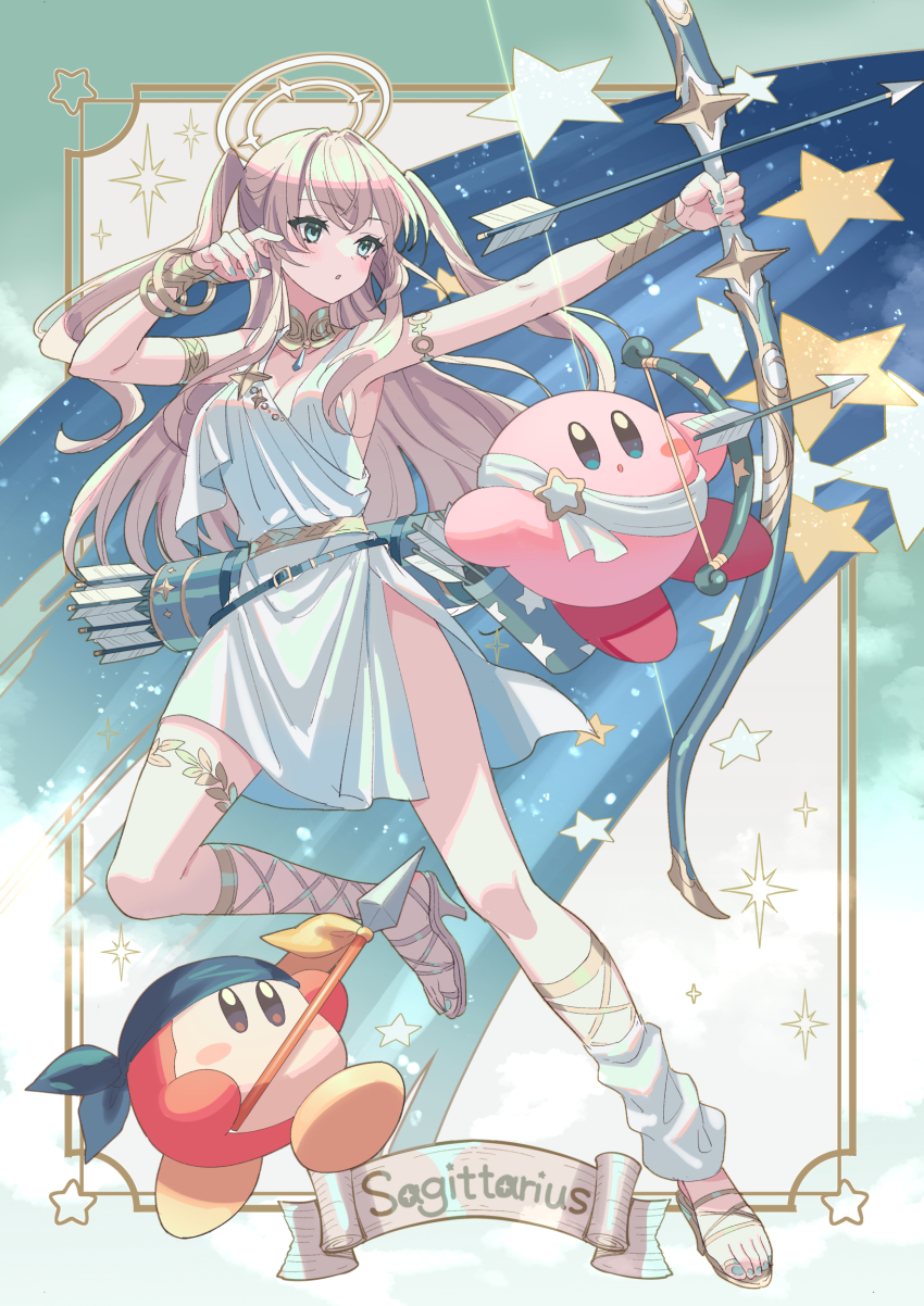 1girl absurdres aiming ancient_greek_clothes aqua_nails armband armlet arrow_(projectile) bandana blonde_hair blue_bandana blush blush_stickers bow_(weapon) breasts chiton cleavage crossed_bangs eyelashes fingernails full_body gladiator_sandals gold_belt gold_footwear greco-roman_clothes green_eyes halo highres holding holding_bow_(weapon) holding_polearm holding_weapon jewelry kirby kirby_(series) long_hair medium_breasts nail_polish neck_ring nintendo original peplos polearm quiver sagittarius_(zodiac) sandals side_slit sparkle spear star_(symbol) suzaku_(zaku6584) toenails twintails waddle_dee weapon zodiac