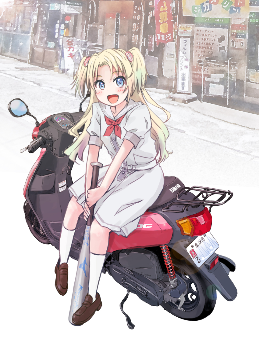 1girl :d absurdres baseball_bat blonde_hair blue_eyes blue_hair blush brown_shoes collarbone commentary dress fang flower full_body gradient_hair hair_flower hair_ornament hasu_no_sora_school_uniform highres holding holding_baseball_bat license_plate light_blue_hair link!_like!_love_live! loafers long_hair looking_at_viewer love_live! maruyo medium_dress metal_baseball_bat motor_vehicle motorcycle multicolored_hair neckerchief on_motorcycle open_mouth osawa_rurino parted_bangs pink_flower pleated_dress puffy_short_sleeves puffy_sleeves red_neckerchief sailor_collar sailor_dress school_uniform shoes short_sleeves smile socks solo summer_uniform twintails vehicle_request virtual_youtuber white_dress white_sailor_collar white_socks yamaha