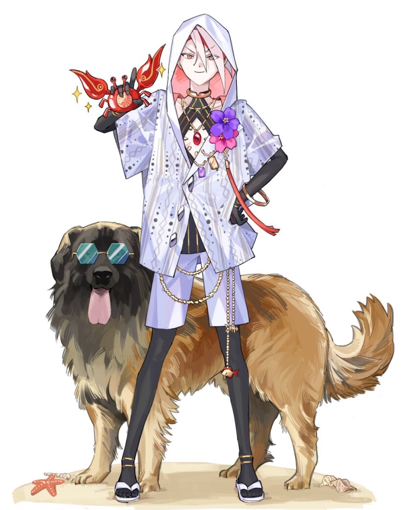 1boy bishounen blue_eyes chest_jewel colored_skin commentary crab dog eyeshadow fate/grand_order fate_(series) flower full_body hair_between_eyes hand_on_own_hip highres karna_(fate) karna_(summer_outfit)_(fate) looking_at_viewer makeup male_focus pale_skin pink_flower purple_flower red_eyeshadow short_hair shorts smile solo sparkle standing sunglasses symbol-only_commentary white_background white_hair white_shorts white_skin yeguangmusi