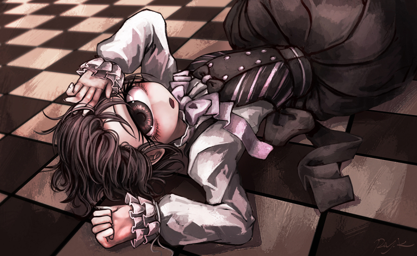 1girl alternate_costume bow brown_eyes brown_hair checkered_floor cyclops dress female_focus forehead hitomebore looking_at_viewer lying official_art on_back on_floor one-eyed open_mouth ray-k sepia short_hair signature solo usui_sachi