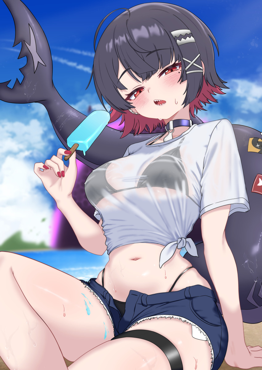 1girl absurdres ahoge alternate_costume bikini bikini_under_clothes black_bikini black_choker black_hair blue_shorts blush breasts choker commentary cutoffs denim denim_shorts dripping ellen_joe exposed_pocket fins fish_tail food hair_ornament hairclip highleg highleg_bikini highres holding holding_food holding_popsicle looking_at_viewer medium_breasts midriff mixed-language_commentary mole mole_under_eye multicolored_hair navel oldsickkim open_fly open_mouth outdoors popsicle red_eyes red_hair see-through_clothes see-through_shirt shark_tail sharp_teeth shirt short_hair short_shorts shorts side-tie_shirt sitting solo stomach string_bikini swimsuit tail tail_raised teeth thigh_strap thighs two-tone_hair white_shirt x_hair_ornament zenless_zone_zero