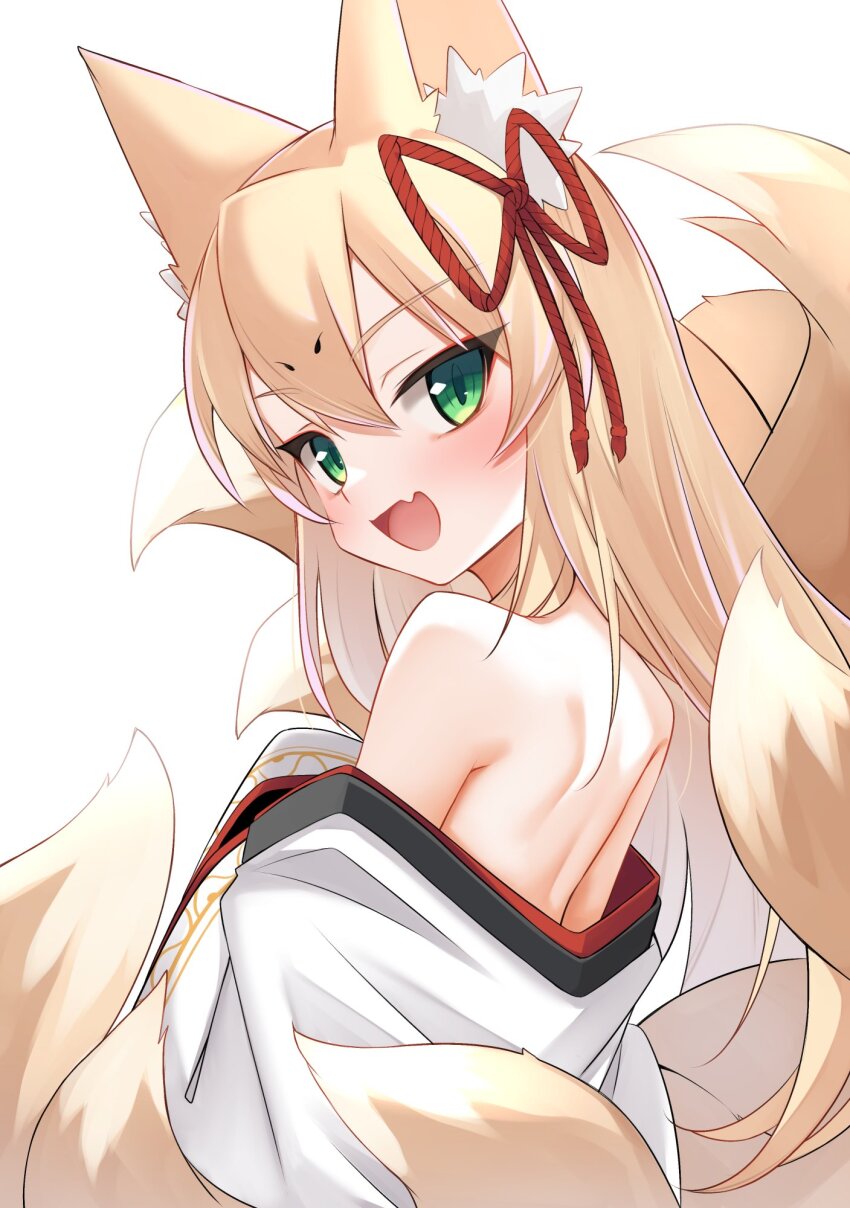 1girl :d animal_ear_fluff animal_ears bare_shoulders blonde_hair blush fang fox_ears fox_girl fox_tail from_side green_eyes hair_between_eyes hair_ornament hair_ribbon hair_tattoo highres japanese_clothes kimono long_hair looking_at_viewer looking_back momendoufu mon-musu_quest! monster_girl multiple_tails off_shoulder open_mouth ribbon shoulder_blades skin_fang smile solo tail tamamo_(mon-musu_quest!) white_background white_kimono