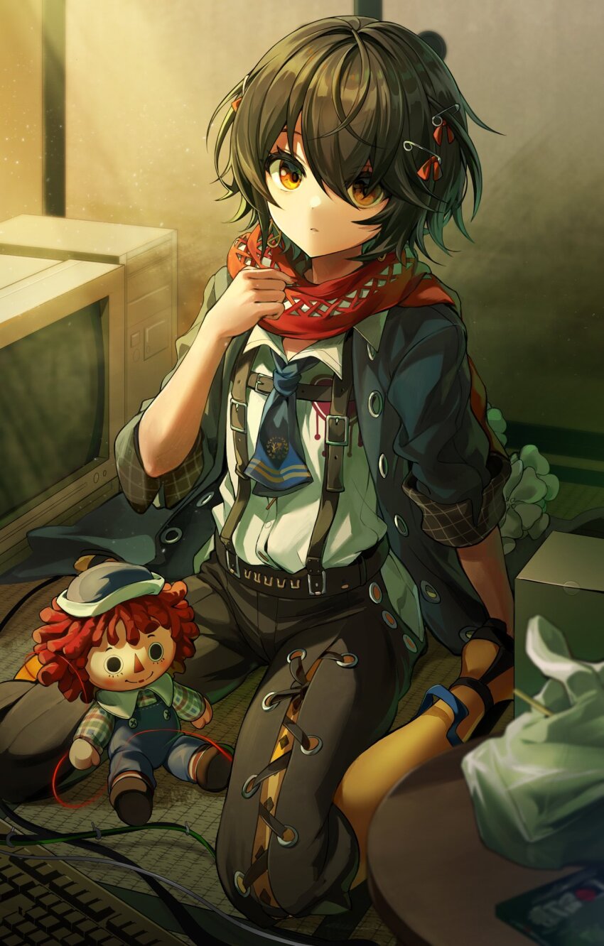 1boy black_hair black_pants blue_coat blue_necktie coat commentary doll hair_ornament hairpin hashtag-only_commentary highres indoors looking_at_viewer male_focus mashiro_meme mashiro_meme_(1st_costume) necktie nijisanji nnvvll8 orange_eyes pants pantyhose parted_lips red_scarf scarf shirt sitting solo suspenders tatami virtual_youtuber white_shirt yellow_pantyhose