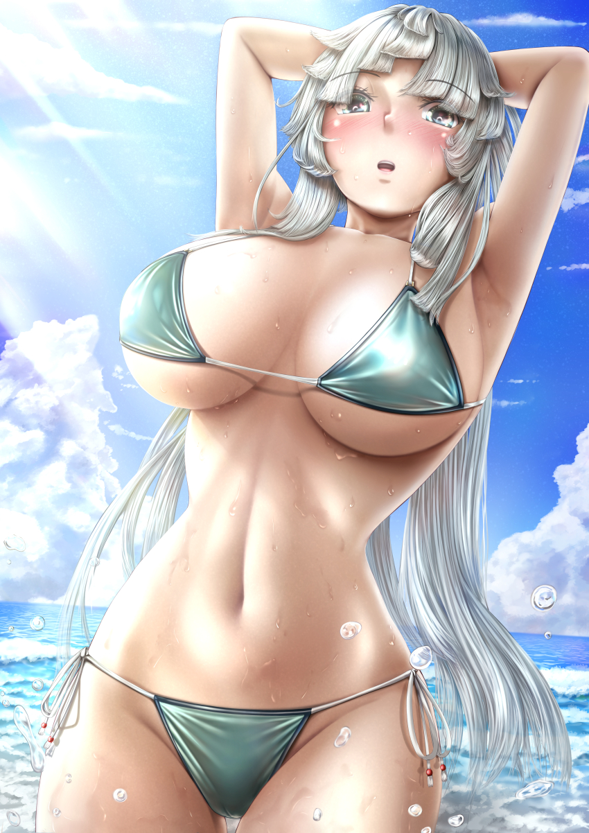 1girl absurdres armpits arms_up bare_shoulders bikini blue_sky blush breasts cleavage collarbone drummeratti2 fate/grand_order fate/samurai_remnant fate_(series) green_bikini green_eyes grey_hair highres large_breasts long_hair looking_at_viewer navel nipples ocean open_mouth ponytail sidelocks sky solo swimsuit thighs very_long_hair yui_shousetsu_(fate)