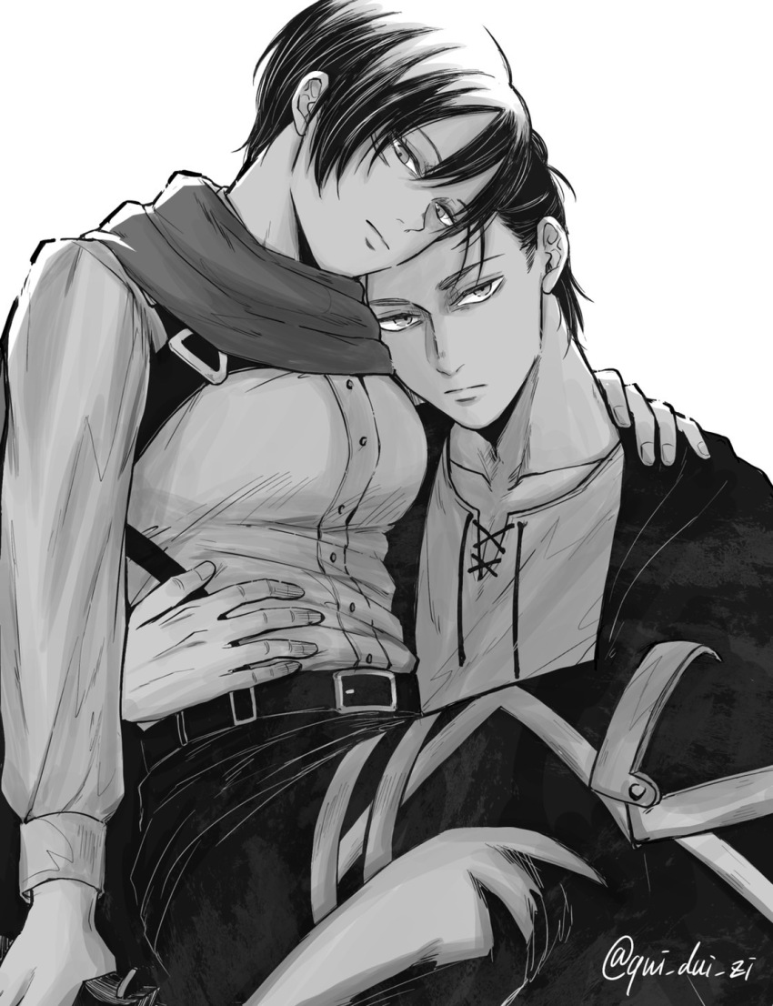 1boy 1girl arm_around_shoulder arm_around_waist black_hair breasts closed_mouth couple eren_yeager facial_scar greyscale hair_between_eyes harness hetero highres long_sleeves looking_at_viewer medium_breasts mikasa_ackerman monochrome qui_dui_zi scar scar_on_cheek scar_on_face scarf shingeki_no_kyojin shirt short_hair sitting sitting_on_lap sitting_on_person three-dimensional_maneuver_gear updo upper_body white_background white_shirt