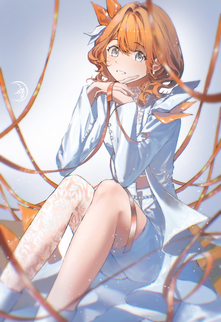 1girl absurdres ankle_boots blurry boots bow brown_hair buttoned_cuffs buttons chromatic_aberration crop_top depth_of_field earrings elbow_rest elbows_on_knees eyelashes fabric feet_out_of_frame fingernails floral_print glint gradient_background grey_background grey_eyes hair_bow hanasato_minori head_on_hands head_rest high-waist_shorts highres jacket jewelry knees_up lapels legs_apart light_blush light_particles limited_palette looking_at_viewer medium_hair official_alternate_costume official_alternate_hairstyle on_floor orange_bow orange_nails orange_ribbon orange_theme own_hands_together pantyhose pearl_earrings project_sekai qunqingyue ribbon rose_print shorts signature simple_background single_bare_leg single_leg_pantyhose sitting smile solo swept_bangs tareme two-tone_bow waist_cape wavy_hair white_background white_boots white_bow white_jacket white_pantyhose white_shorts white_theme zozotown