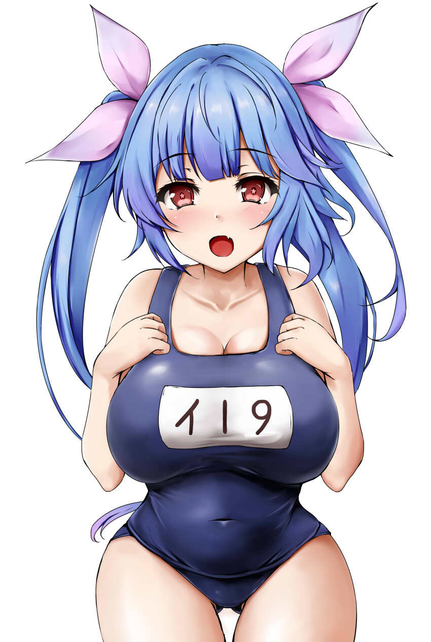 1girl absurdres blue_hair blue_one-piece_swimsuit breasts covered_navel cowboy_shot fang gluteal_fold highres i-19_(kancolle) kantai_collection large_breasts looking_at_viewer name_tag off_shoulder one-piece_swimsuit open_mouth red_eyes school_swimsuit simple_background solo star-shaped_pupils star_(symbol) swimsuit symbol-shaped_pupils twintails white_background