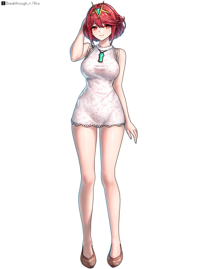 1girl bare_shoulders breasts chest_jewel core_crystal_(xenoblade) dress full_body highres large_breasts looking_at_viewer making-of_available pyra_(xenoblade) red_eyes red_hair riro_(breakthrough_rr) short_dress short_hair simple_background solo tiara white_background xenoblade_chronicles_(series) xenoblade_chronicles_2