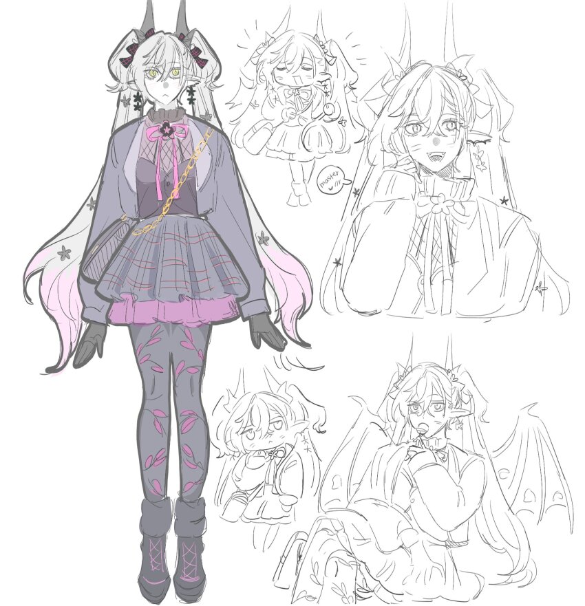 bag black_dress black_pantyhose black_shoes black_skirt breasts closed_eyes demon_horns dress e_eeeeng english_text fangs fate/grand_order fate_(series) green_eyes handbag highres horns lilith_(fate) medium_breasts pantyhose pink_hair pleated_skirt shoes sketch skirt speech_bubble twintails white_hair