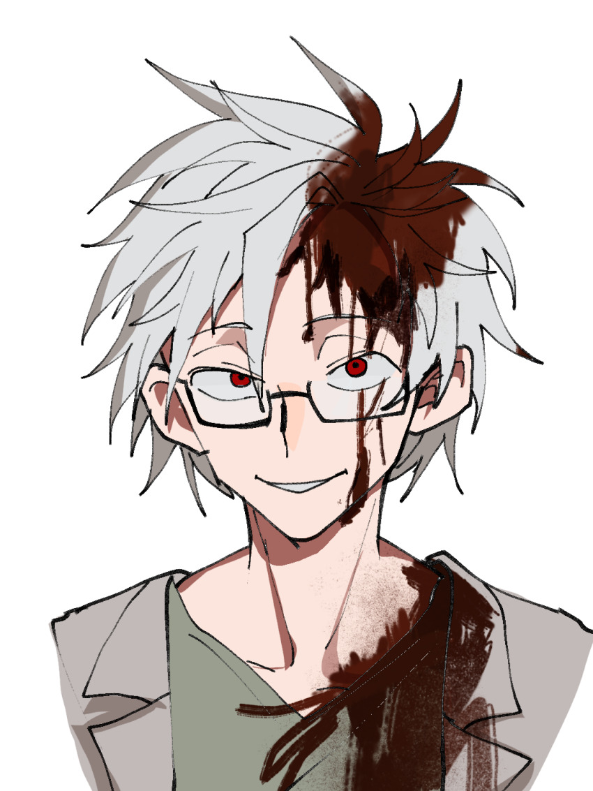 1boy beiquqian blood blood_in_hair blood_on_chest blood_on_clothes blood_on_face chinese_commentary commentary_request cropped_shoulders glasses green_shirt grey_hair grey_jacket grin highres jacket kanou_aogu lapels male_focus notched_lapels open_clothes open_jacket rectangular_eyewear red_eyes saibou_shinkyoku semi-rimless_eyewear shirt short_hair simple_background smile solo transparent_background v-neck variant_set