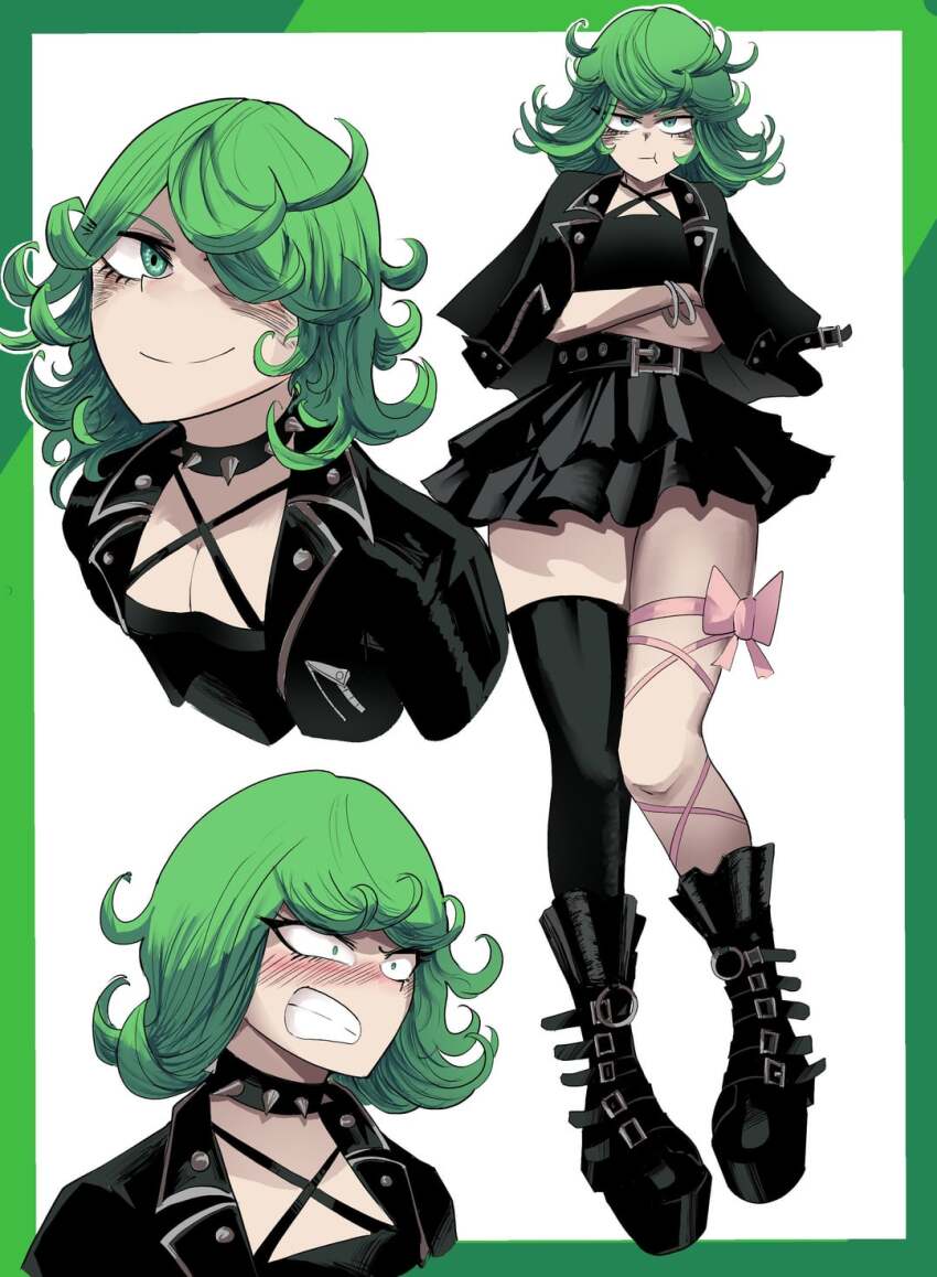 black_footwear crossed_arms curly_hair full_body goth_fashion green_eyes green_hair highres jacket leather leather_jacket non-web_source open_clothes open_jacket piercing pink_ribbon punk ribbon skirt studded thighhighs white_background