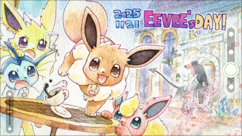 :d blue_eyes brown_eyes brown_fur coffee commentary_request crying crying_with_eyes_open dated eevee espeon fake_phone_screenshot fake_screenshot flareon gen_1_pokemon gen_2_pokemon gen_4_pokemon gen_6_pokemon glaceon houndoom jolteon large_tail leafeon looking_at_viewer nintendo no_humans on_table open_mouth outdoors pokemon pokemon_(creature) pokemon_focus purple_eyes red_fur smile spill standing standing_on_one_leg sweatdrop sylveon table tail tears umbreon vaporeon viewfinder wataame_(tulip) yellow_fur