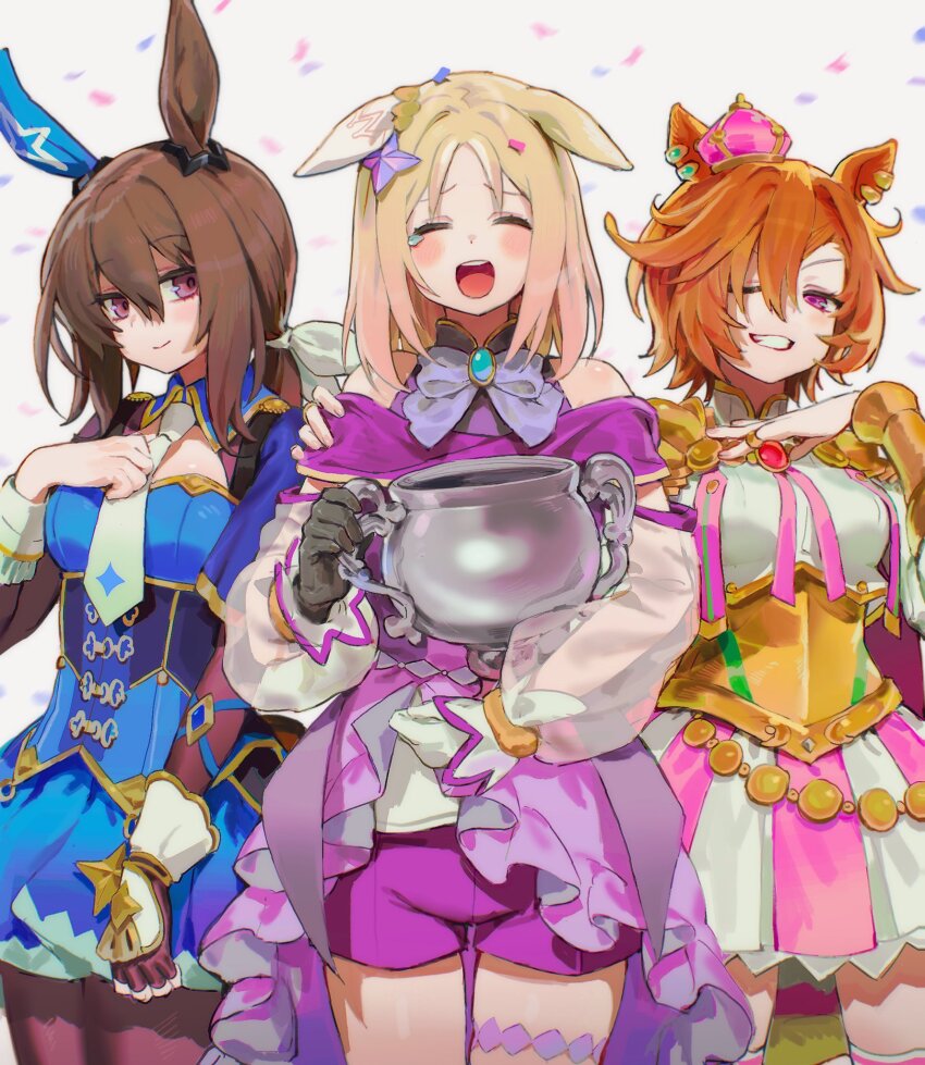 3girls ;) admire_vega_(umamusume) animal_ears asymmetrical_gloves bare_shoulders black_gloves blonde_hair blue_skirt bow bowtie brown_hair commentary_request confetti cowboy_shot crown crying ear_covers facing_viewer gloves hair_between_eyes hand_on_own_chest highres horse_ears horse_girl korean_commentary long_hair long_sleeves looking_at_viewer low_ponytail mini_crown mismatched_gloves mixed-language_commentary multiple_girls narita_top_road_(umamusume) necktie one_eye_closed ooo8_q open_mouth orange_hair ponytail purple_bow purple_bowtie purple_eyes purple_shorts short_hair shorts single_ear_cover single_glove skirt smile t.m._opera_o_(umamusume) two-tone_skirt umamusume umamusume:_road_to_the_top white_gloves white_necktie