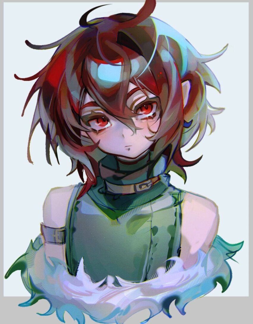 1boy bare_shoulders brown_hair closed_mouth cloud_(lufaeris) commentary cropped_torso double-parted_bangs fur_(clothing) green_shirt grey_background hair_between_eyes highres looking_at_viewer male_focus messy_hair original red_eyes shirt short_hair sleeveless sleeveless_shirt solo symbol-only_commentary