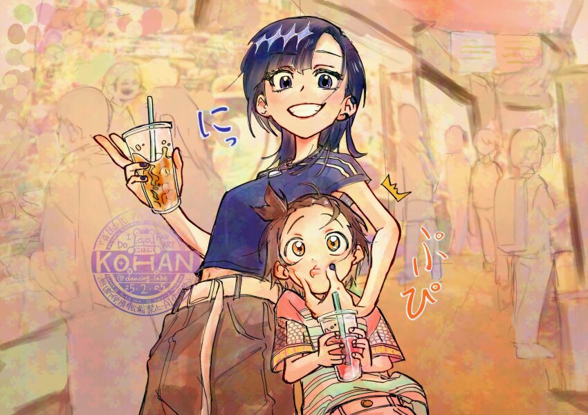 2girls :d absurdres black_eyes black_hair black_nails blue_shirt braid brown_hair brown_pants cheek_pinching cup dancing_lake disposable_cup grin highres medalist_(manga) multiple_girls okazaki_iruka open_mouth pants pinching shirt smile teeth yuitsuka_inori