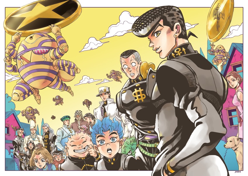 anchor_symbol arnold_(jojo) arrow_(jojo) arrow_(projectile) artist_name baby beard black_hair blue_eyes blue_hair border chef chef_hat choker clenched_teeth cloud coin diamond_wa_kudakenai dog dollar_sign dress earrings everyone facial_hair fungami_yuya gakuran glasses green_hair grey_hair grin hands_in_pockets harvest_(stand) hat hazamada_toshikazu hazekura_mikitaka heart higashikata_josuke hirose_koichi house jewelry jojo_no_kimyou_na_bouken joseph_joestar joseph_joestar_(old) kawajiri_hayato kishibe_rohan kobayashi_tamami kuujou_joutarou light_brown_hair long_coat long_hair missing_tooth multicolored_hair nijimura&#039;s_father nijimura_okuyasu nora_(act2) open_mouth outside_border pin pink_dress pointing pompadour round_teeth school_uniform shizuka_joestar signature sketchbook sky smile snot stand_(jojo) star_(symbol) stud_earrings sugimoto_reimi sunglasses sweatdrop teeth tonio_trussardi tree turtleneck two-tone_hair white_border yamagishi_yukako yangu_shigekiyo yellow_eyes yen_sign