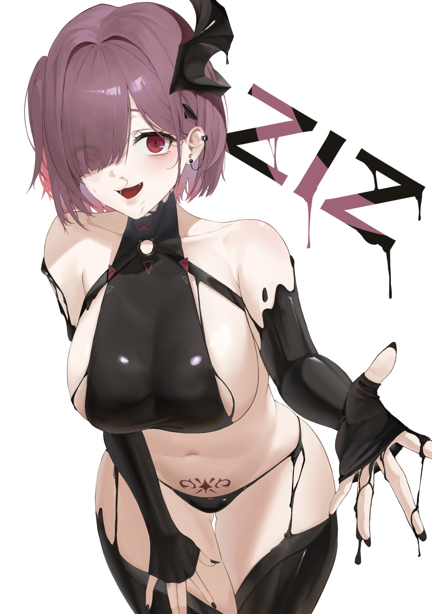 1girl :d above-cleavage_cutout absurdres bare_shoulders black_gloves black_horns black_liquid black_nails black_thighhighs blood blood_on_face blunt_bangs breasts character_name chest_belt clothing_cutout collarbone commentary cowboy_shot earclip elbow_gloves gloves gluteal_fold goddess_of_victory:_nikke hair_between_eyes hair_over_one_eye hand_on_own_thigh highres horns large_breasts latex_bikini leaning_forward liquid_clothes looking_at_viewer navel one_side_up open_mouth pink_hair pubic_tattoo reaching reaching_towards_viewer red_eyes sideboob sidelocks simple_background single_horn skindentation smile solo standing stomach tada_(pixiv41160771) tattoo thigh_gap thighhighs white_background ziz_(nikke)