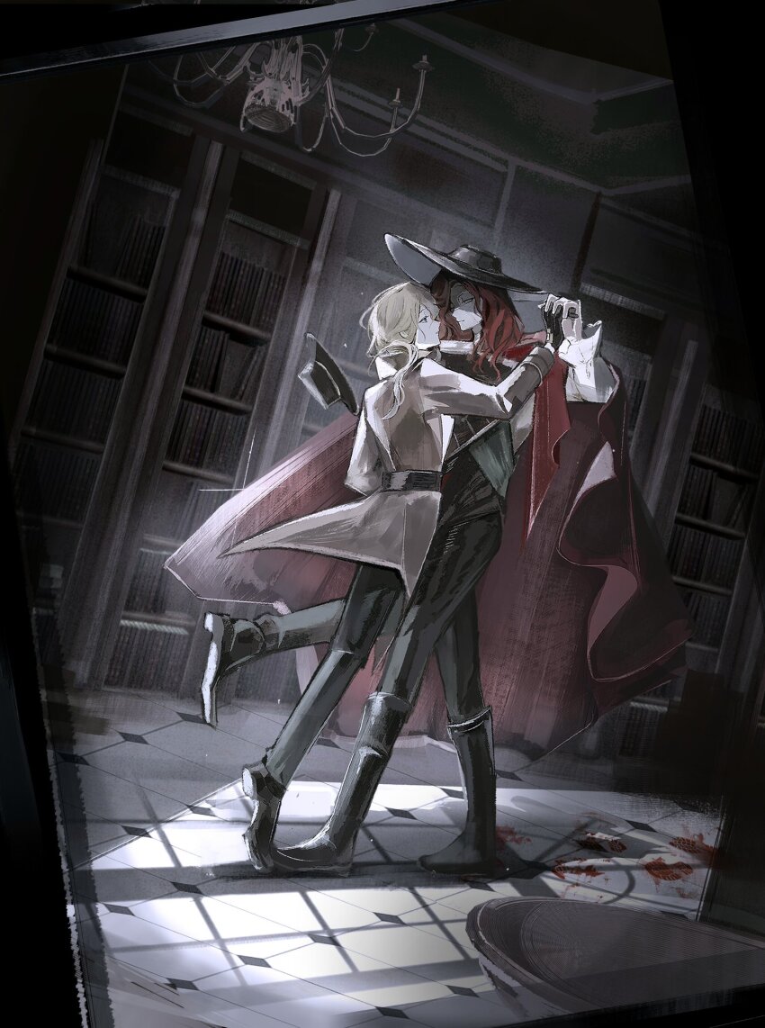 2boys 6_(reverse:1999) 6_(time_and_location)_(reverse:1999) aleph_(reverse:1999) black_hat black_pants black_shoes blonde_hair bookshelf brown_coat cape coat covered_face dutch_angle face-to-face fedora from_side full_body hanging_light hat highres holding_hands indoors klepon leg_up long_hair multiple_boys muted_color official_alternate_costume pants red_cape red_hair reverse:1999 shoes tile_floor tiles unworn_hat unworn_headwear white_mask window_shadow